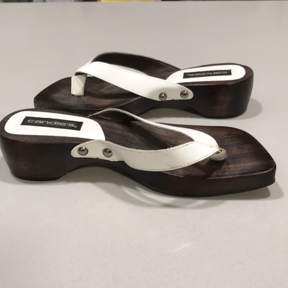Vintage Candies White Leather-Wooden platform -flip flop Size 6 - FUN -Unique! - Picture 7 of 14
